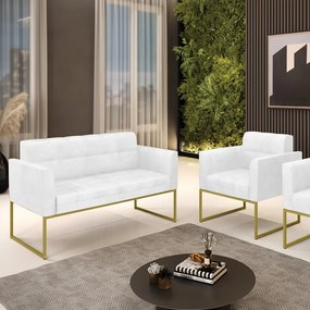 Kit 1 Sofá Namoradeira e 1 Poltrona Elisa Corano Branco Base Metálica Industrial Dourado - D'Rossi