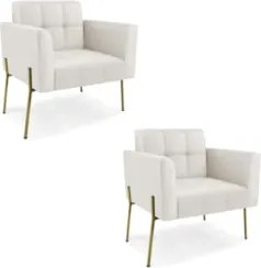 Poltrona Sala Pé Metal Dourado Kit 2 Ana Sintético Bege - Ibiza