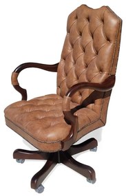 Poltrona Giratória Luxo Capitonê Couro Natural Ajuste de Altura e Relax Design Clássico