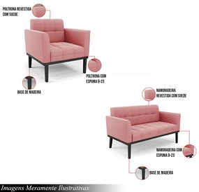 Conjunto 2 Poltronas e 1 Namoradeira Decorativa Karen Pés Fixo em Madeira Preto Suede Rose G19 - Gran Belo
