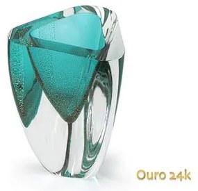 Vaso Triangular nº 4 Verde com Ouro Murano Cristais Cadoro