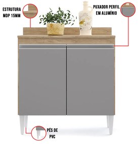 Balcão de Cozinha Lavanderia com Tampo 02 Portas Sara 80 cm L06 - D'Rossi - Castanho e Cinza