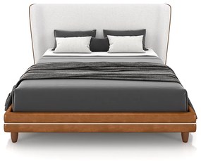 Conjunto Cama com Cabeceira Casal Torres Pés em Madeira PU/Bouclê Caramelo/Off White G91 - Gran Belo