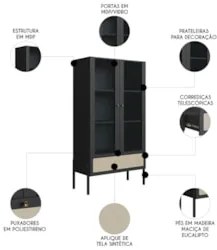 Cristaleira 2 Portas de Vidro Pés Madeira Arlo A10 Nero/Preto - Mpozen