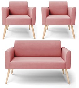 Sofá Namoradeira com 2 Poltronas Pés Palito Natural Marisa Suede D03 - D'Rossi - Rose