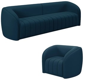 Conjunto Sala de Estar Sofá 252cm 3 Lugares e Poltrona Adam Veludo Azul Marinho G45 - Gran Belo