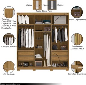 Guarda Roupa Casal Heros 3 Portas de Correr Dupla Face com Espelho MDF Nature/Chumbo G98 - Gran Belo