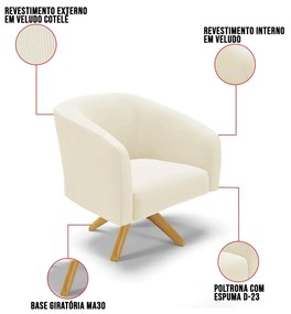Poltrona Decorativa Giratória MA30 Stella Cotelê Ext/Veludo D03 - D'Rossi - Off White