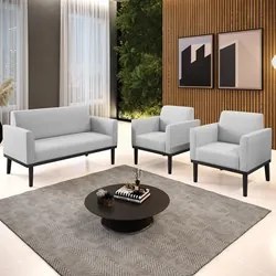 Sofá Namoradeira e 2 Poltronas Base Madeira Preto Maressa Linho Cinza