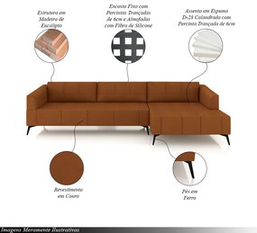 Sofá Bipartido Sala de Estar Kiara 352cm Chaise Direito Pés de Ferro Couro Caramelo G52 - Gran Belo