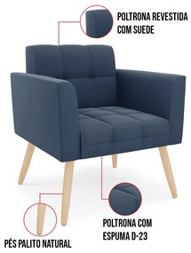 Kit 1 Sofá Namoradeira e 2 Poltronas Elisa Suede Pés Palito Natural D03 - D'Rossi - Azul Marinho