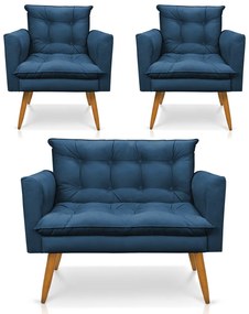 Kit 1 Sofá Namoradeira e 2 Poltronas Tais Suede Azul Marinho Pés Palito Castanho - D'Rossi
