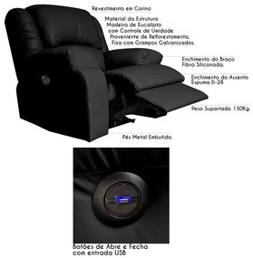 Poltrona do Papai Reclinável Elétrica com Entrada USB Magnum PU Sintético Preto G23 - Gran Belo