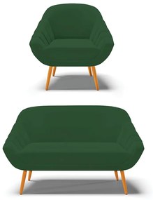 Kit 01 Namoradeira 02 Lugares e 01 Poltrona Giovana Veludo Verde Pés Palito Castanho - D'Rossi