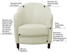 Poltrona Decorativa Sala de Estar Pés Madeira Kairós Couro Off White G03 - Gran Belo