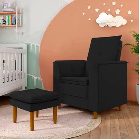 Poltrona de Amamentação com Puff Líria Suede Pé de Madeira N03 - D'Rossi - Preto