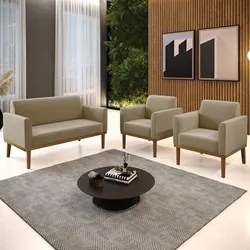 Sofá Namoradeira e 2 Poltronas Base Madeira Castanho Maressa Suede Mar