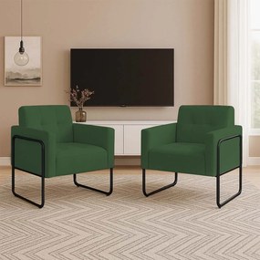 Poltrona Sala Industrial Alta Tubo Preto Kit 2 Elisa Suede D03 - D'Rossi - Verde