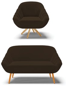 Kit 01 Namoradeira 02 Lugares e 01 Poltrona Giratória Giovana Suede Marrom Base Madeira MA30 - D'Rossi