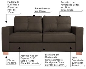Sofá 2 Lugares Sala de Estar Pés Madeira kenny 160 cm Couro Tabaco G43 - Gran Belo