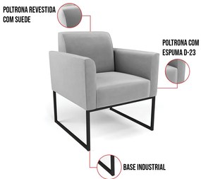 Poltrona Base Industrial Preto Marisa Suede - Cinza
