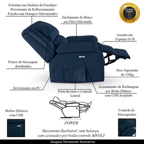 Poltrona do Papai Reclinável Sala de Cinema Madrid Elétrica Touch Massagem USB Veludo Azul  G23