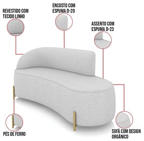 Sofá 3 Lugares Orgânico 180cm Pé Dourado Morgan Linho D03 - D'Rossi - Cinza