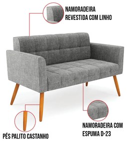 Kit 1 Sofá Namoradeira e 1 Poltrona Elisa Linho Pés Palito Castanho D03 - D'Rossi - A26 Grafite