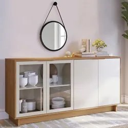 Balcão Aparador Buffet Vicky Com Espelho Adnet 67cm C05 Freijó/Off Whi
