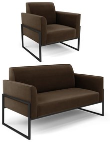 Sofá Namoradeira com Poltrona Base Industrial Alta Preto Marisa Suede D03 - D'Rossi - Marrom