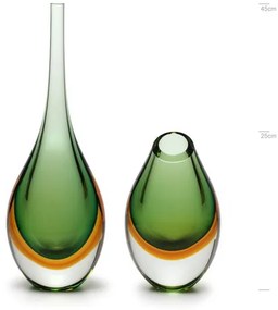 Par de Gotas Alta e Baixa Bicolor Verde com Âmbar Murano Cristais Cadoro