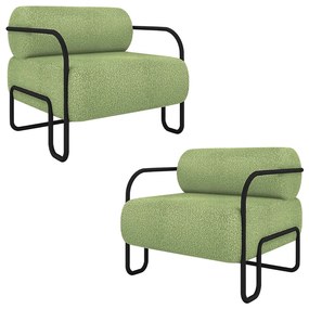 Kit 2 Poltronas Decorativas Sala de Estar Polatsk Base Industrial de Ferro Bouclê Verde Oliva G33 - Gran Belo