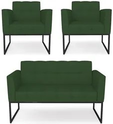 Sofá Namoradeira e 2 Poltronas Base Industrial Preto Ana Veludo Luxo V