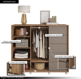 Cômoda Ripado Tulia 136cm 2 Portas 5 Gavetas MDP Buriti/Fendi G11 - Gran Belo