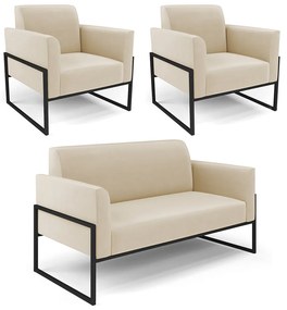Sofá Namoradeira com 2 Poltronas Base Industrial Alta Preto Marisa Suede D03 - D'Rossi - Bege
