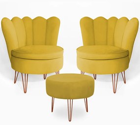 Conjunto 2 Poltrona Dália com Puff Chloe Pés Hairpin Legs Bronze Veludo Amarelo
