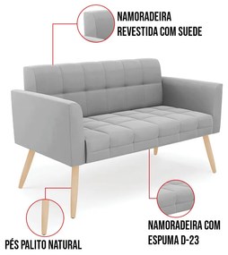 Kit 1 Sofá Namoradeira e 2 Poltronas Elisa Suede Pés Palito Natural D03 - D'Rossi - Cinza
