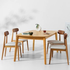 Conjunto Mesa de Jantar Lalá Retangular Carvalho Americano - 1,60mx90cm + 4 Cadeira Nord Encosto Madeira Texture - Off White