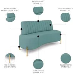Sofá 2 Lugares 135cm Pés Aço Dourado Tamar Boucle Azul Z08  - Mpozenat