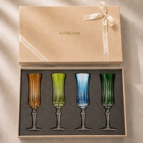 Kit 4 Taças Coloridas de Cristal Flauta Lapidado 66 p/ Champanhe c/ Caixa de Presente - KT01 KT01