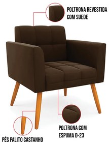 Kit 1 Sofá Namoradeira e 1 Poltrona Elisa Suede Pés Palito Castanho D03 - D'Rossi - Marrom