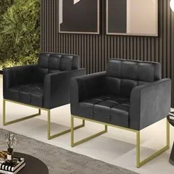 Poltrona Base Industrial Dourado Kit 2 Ana Sintético PU Preto - Ibiza