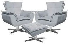 Kit 2 Poltronas Decorativas Base Giratória Cromada com Puff Opla Suede