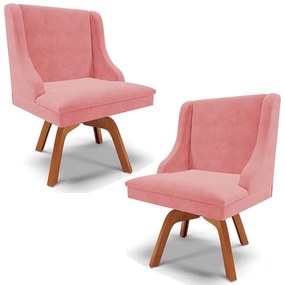 Kit 2 Poltronas Decorativas Base Giratória de Madeira Firenze Suede Rosê/Natural G19 - Gran Belo