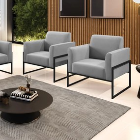 Kit 2 Poltronas Base Industrial Alta Preto Marisa Suede - Cinza