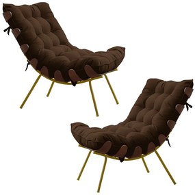 Kit 2 Poltronas Decorativas Sala de Estar Abel Base de Madeira Dourada Suede Marrom G41 - Gran Belo