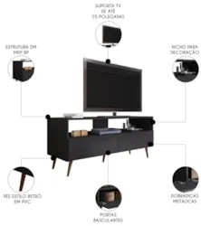 Rack para Sala Bancada de TV 55 Pol 136cm Pés Retrô Senna Z34 Preto -