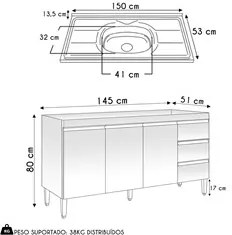 Balcão de Cozinha Com Pia Inox 150cm 3 Gavetas Andréia Amêndoa/Preto -