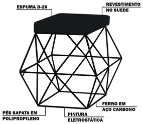 Puff Decorativo Sala de Estar Base Preto Trixie Suede Preto G41 - Gran Belo