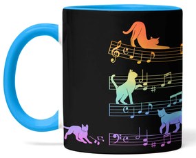 Caneca Gato Musical Arco Iris Cat Lover Preta com Alça Azul